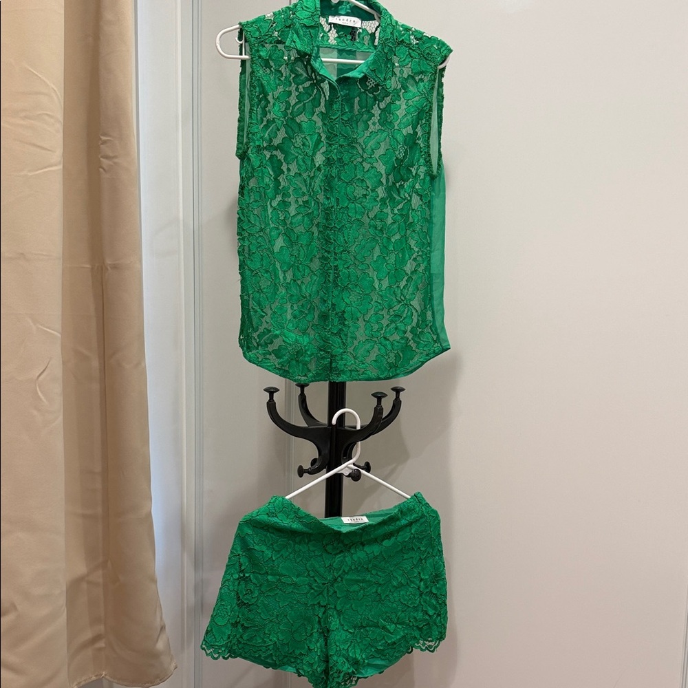 Sandro Green Lace Sleeveless Top and Shorts Set
